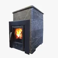 Печь-камин чугунная для бани "Воевода" 20 в КАМЕННОЙ ОБЛИЦОВКЕ